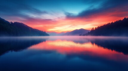 Fototapeta premium Serene Sunrise Over Misty Lake