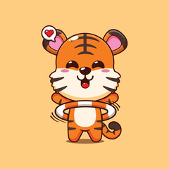 Obraz premium Cute tiger cartoon vector illustration playing hula hoop