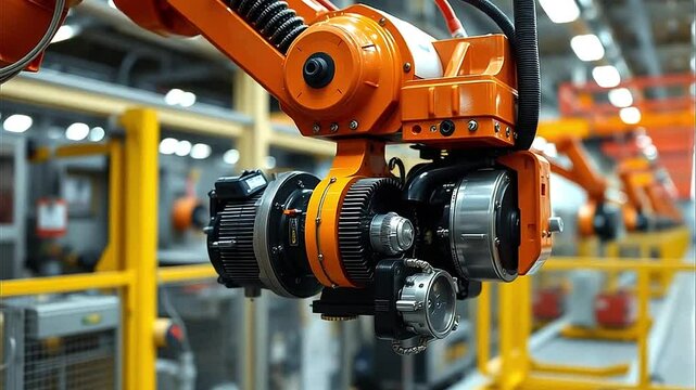 Cinematic b-roll of robotic arm moving parts in automotive plant