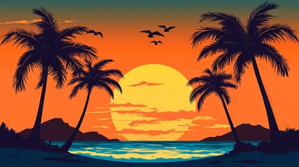 Fototapeta premium Stunning tropical sunset beach scene with palm trees silhouettes sky sea art sand blue view calm warm