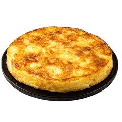 Tortilla Espanola on a black platter isolated on white or transparent background