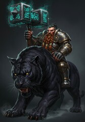 A dwarf in black armor with an iron beard rides a fierce panther, holding a glowing hammer.