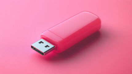 A compact USB flash drive with a swivel design, resting on a pastel pink background