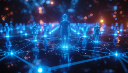 Obraz premium Digital network of glowing human figures connected by futuristic lines