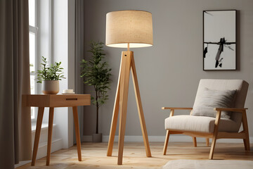 A Scandinavian-style wooden tripod floor lamp, natural oak legs, clean white cylindrical lampshade