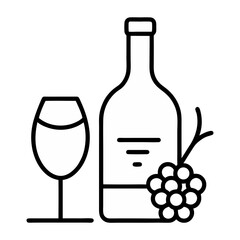 Wine bottle paired with wineglass and grape bunch illustrated in continuous line art drawing style ideal for winery branding vineyard logos culinary art decor and fine wine celebrations