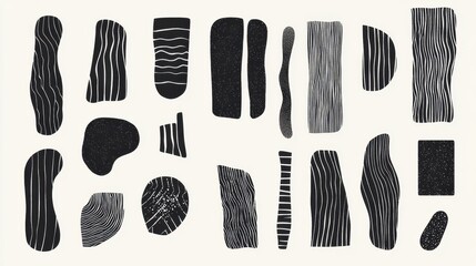 Abstract black and white geometric shapes with textured patterns on a white background.