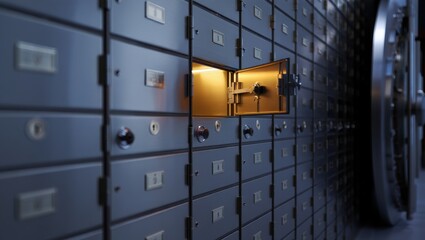 A dark vault lined with safety deposit boxes, one box slightly open, revealing a warm glow from within.