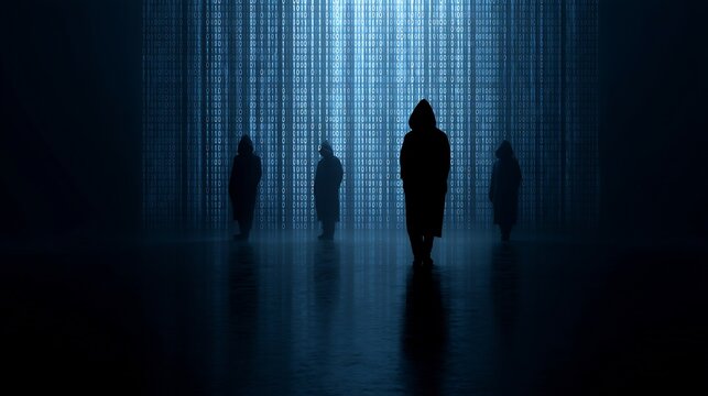 Mysterious figures amidst digital rain, bathed in ethereal blue light