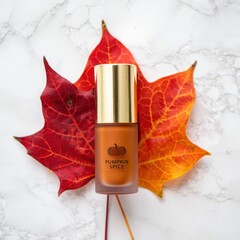 A bottle of Pumpkin Spice fragrance rests on a vibrant red and orange autumn leaf, set against a light marble background.