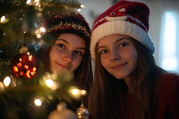 Decorating Christmas Tree Ball with Two Girl Friends in Winter