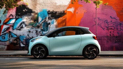 Urban car showcase vibrant street art vehicle cityscape side view modern design for eco-friendly commuting