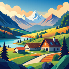 Stunning Mountain Landscape with Farmhouse and Lake