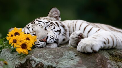 Sleepy white tiger cub with flowers