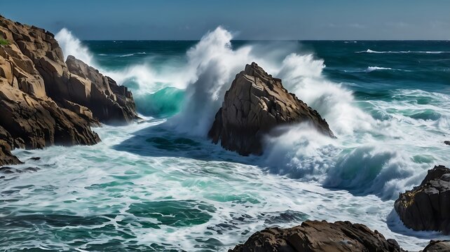 Ocean waves crashing against jagged rocks, slow shutter