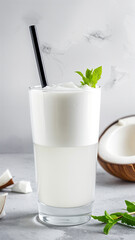Coconut Water mocktail in a tall glass with a black straw, garnished with mint leaves. Background shows a coconut half and mint sprigs. Refreshing vibe
