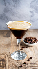 Espresso martini cocktail in a clear glass sits on a rustic wooden table. Coffee beans are scattered nearby, creating a warm and inviting atmosphere