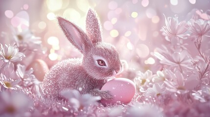 Obraz premium Playful Easter rabbit with shimmering fur, holding a pastel-colored egg in a magical springtime setting.
