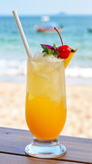 Mai Tai cocktail in a glass with ice, garnished with a cherry, mint, and pineapple slice. Background shows a sunny beach and ocean