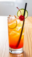 Long Island cocktail with a gradient from red to orange. Garnished with a cherry, lime slice, and two black straws on a wooden table