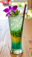 Mai Tai cocktail with a vibrant blue and yellow layered drink, topped with mint, ice, a purple orchid, and a straw, set on a wooden table