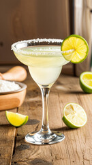 Margarita cocktail with salted rim and a lime slice on wooden table. Lime wedges and a wooden bowl of salt are in the background. Refreshing tone