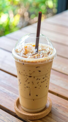 Plastic cup of iced coffee with a brown straw sits on a wooden table, surrounded by a vibrant, blurred green background, conveying a refreshing feel