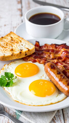Plate with English Breakfast fried eggs, crispy bacon, grilled sausage, and toast. A cup of black coffee sits behind, creating a hearty breakfast scene