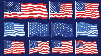 Set of American flags in various positions