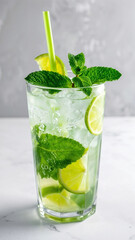 Virgin Mojito mocktail with lime slices, mint leaves, ice cubes, and striped straws on a wooden table, conveying a cool, summery vibe