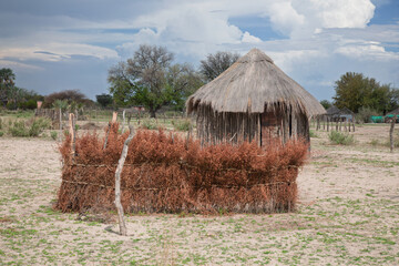 african village shack with thatched roof and fence, sparse land
