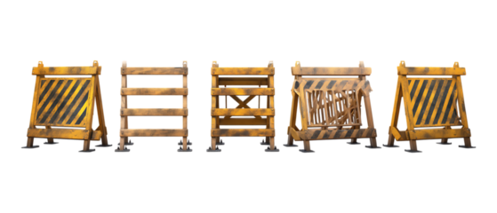 A row of five weathered wooden construction barricades featuring yellow and black hazard markings set against a clean transparent background