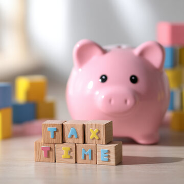 A pink piggy bank behind wooden blocks spelling Tax Time, ideal for EOFY or financial planning themes.
