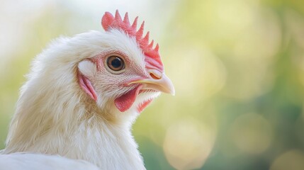 Fototapeta premium Profile view of a fluffy white chicken, fine feather details, and a soft, neutral background.