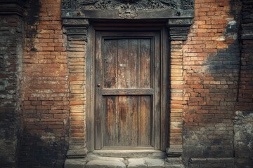 Door Wood. Ancient Wooden Door in Bhaktapur, Nepal with Stone Wall and Statue
