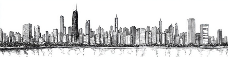 Fototapeta premium Drawing Of City. Panoramic View of Chicago Skyline with Skyscrapers in Detailed Ink Illustration