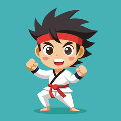A young cartoon character stands confidently in a martial arts uniform, ready for action with a playful expression on a blue background.