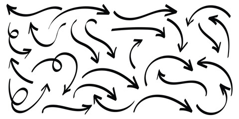 Set of hand drawn black arrows in various style. Set of simple of hand drawn black arrows. Set of simple lines hand drawn black arrows. Vector illustration.
