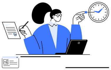 Professional holding document and pen while tracking time on clock with laptop balancing productivity. Ideal for time management, multitasking, work-life balance, efficiency, planning, organization