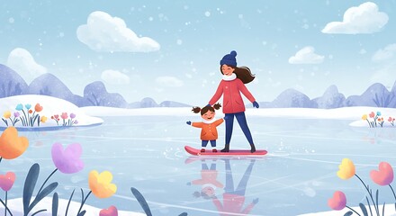Whimsical winter adventure: Mother and daughter skating on a frozen lake scene