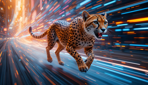 Cheetah running with a burst of light
