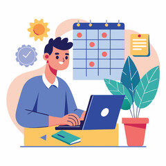 Young man with computer fills schedule calendar vector 