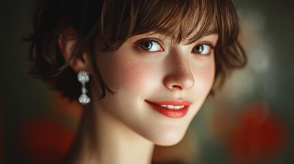 Naklejka premium Close-up portrait of a smiling young woman with short brown hair, large blue eyes, delicate freckles, and sparkling drop earrings against a soft blurred background