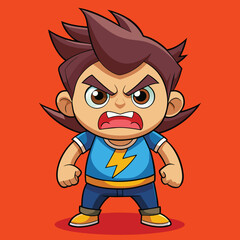 Naklejka premium A vibrant cartoon character stands confidently with arms crossed, featuring a wild hairstyle, bold colors, and an intense glare, set against an orange backdrop.