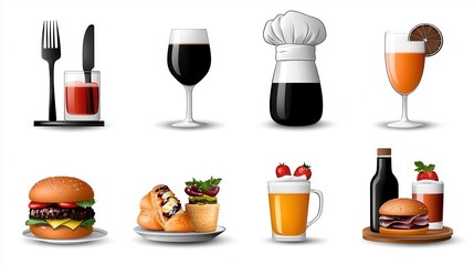 An assortment of visually appealing and mouthwatering food and beverage items including a burger salad cocktail and coffee presented in an elegant and modern restaurant or culinary setting
