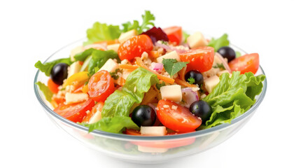 Colorful Vegetable and Cheese Salad in Glass Bowl