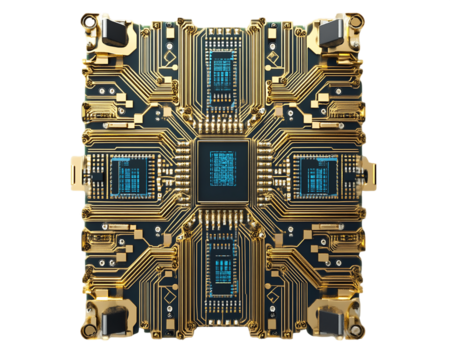 Abstract Gold and Blue Circuit Board with Central Processor, PNG