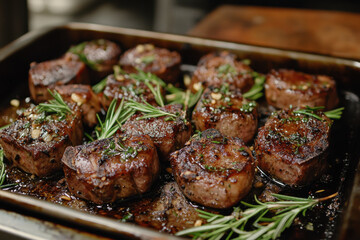 Pan of meat seasoned with rosemary and garlic.