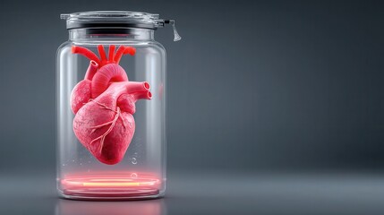 Artificial Heart medical A glass jar containing a detailed anatomical heart illustration on a dark background.