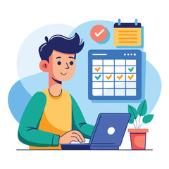 Young man with computer fills schedule calendar vector 